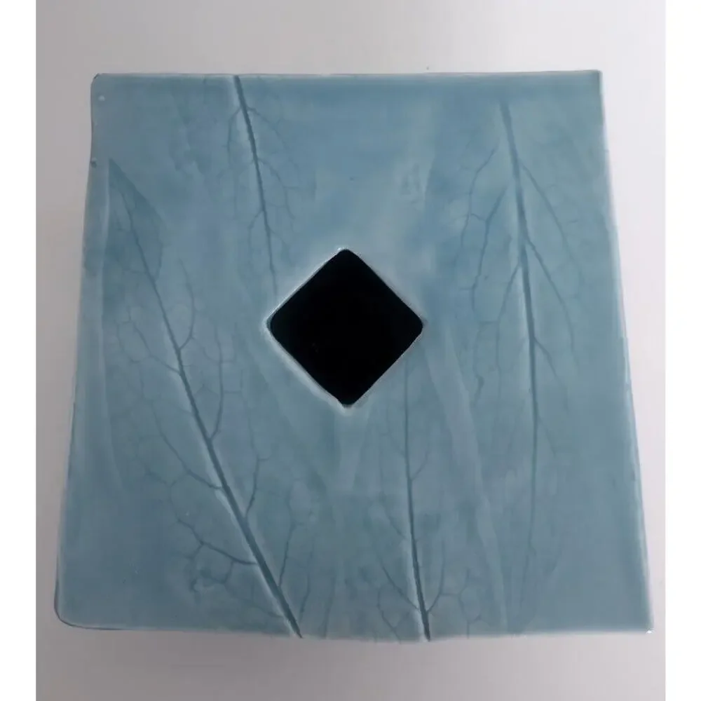Ikebana Ceramic Vase, Unusual Square Shape with Leaf Imprints, Aqua‎ Blue